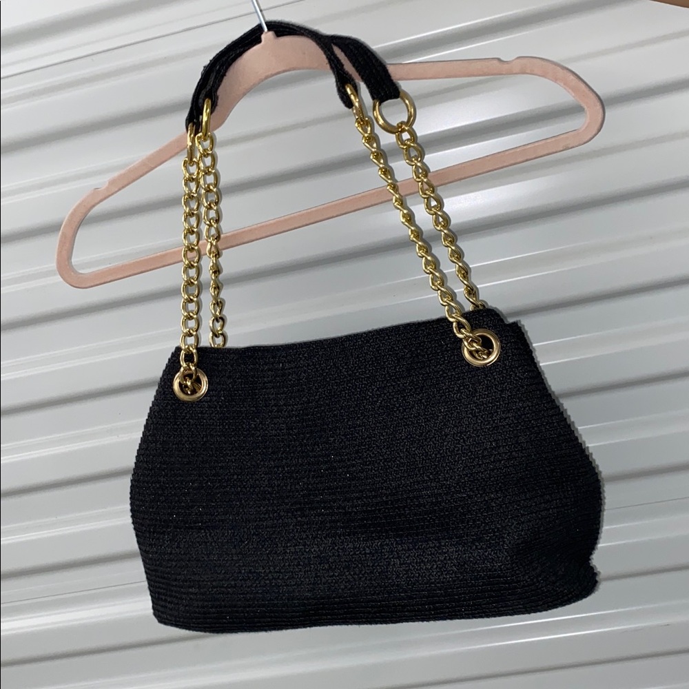 Black Handbag with Gold Chain Straps